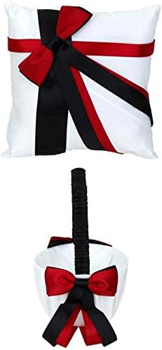 Taotenish Wedding Ring Pillow and Flower Girl Basket Set - White and Black