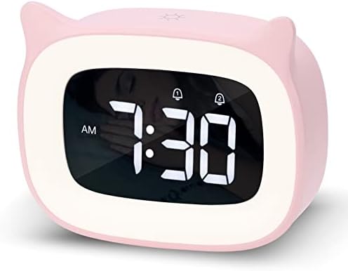 Pink Cat Alarm Clock with Night Light for Kids