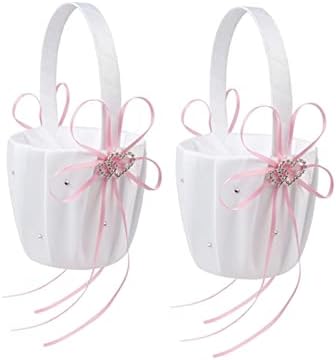 2PC Wedding Flower Girl Basket Pink Satin Heart Buckle Decor