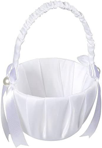 White Flower Girl Basket with Satin Bowknot and Pearl Design