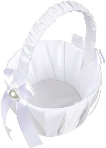 White Flower Girl Basket with Satin Bowknot and Pearl Design