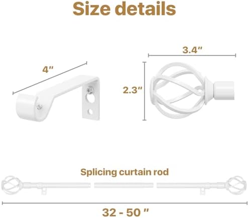 White Curtain Rods 32-50 Inch with Twisted Cage Finials