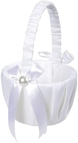 White Flower Girl Basket with Satin Bowknot and Pearl Design