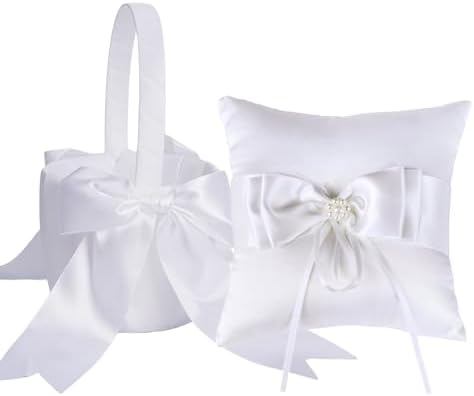 QIRMIZI Wedding Ring Pillow and Flower Girl Basket Set - Butterfly Knot White Satin
