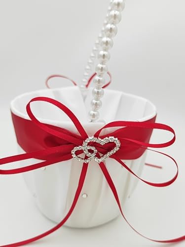 2 Pcs Wedding Flower Girl Baskets with Pearl Handle Red
