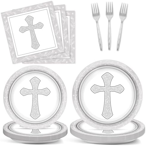 96Pcs Gray Cross Baptism Tableware Set for 24 Guests