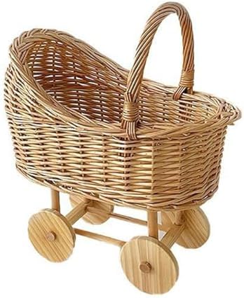 Woven Rattan Stroller Flower Basket with Handle