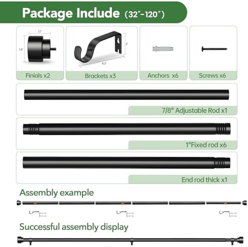 Adjustable Black Curtain Rod for 32-120 Windows