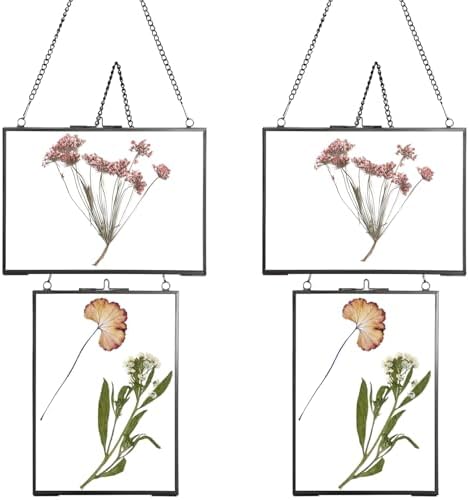4 Pack 5x7 Pressed Flower Frames Black Glass Hanging Frames with Chain