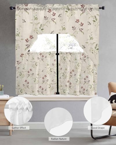 Flower Leaves Kitchen Curtain Set with Swag and Valance