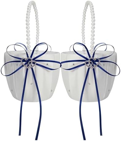 2 Pcs Wedding Flower Girl Baskets with Pearl Handle Bowknot