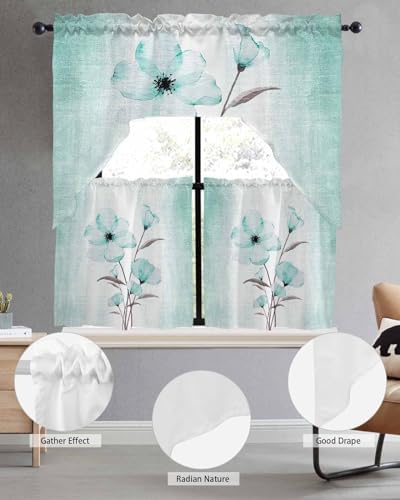 Teal Green Floral Curtains Set - Swag Valance and Tier Panels 24 Inch