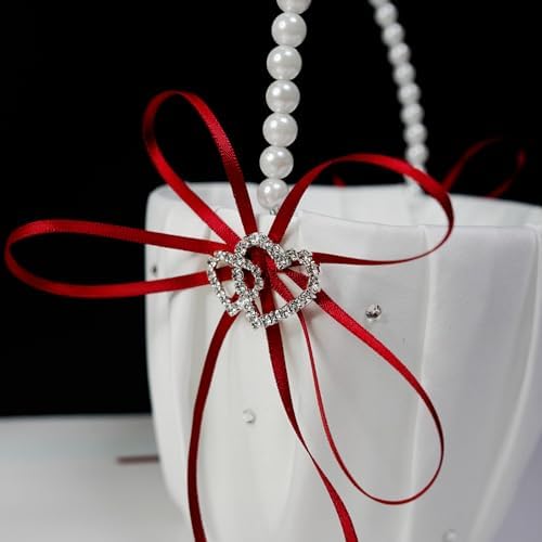 2 Pcs Wedding Flower Girl Baskets with Heart Design and Pearl Handle Bowknot