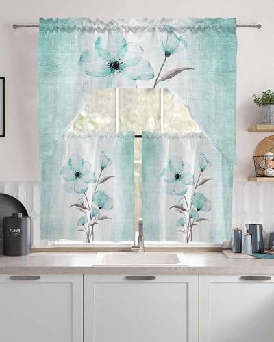 Teal Green Floral Curtains Set - Swag Valance and Tier Panels 24 Inch