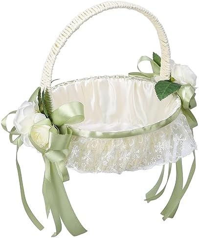 Wedding Flower Girl Basket with Lace and Green Bow