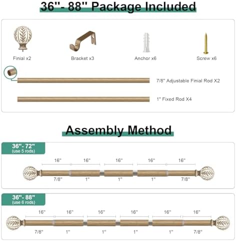 QDWIS Boho Wood Curtain Rods 36-88 Inches
