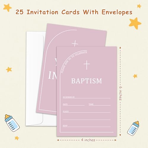 Pink Baptism Invitation Set for Girls 25 Cards with Envelopes