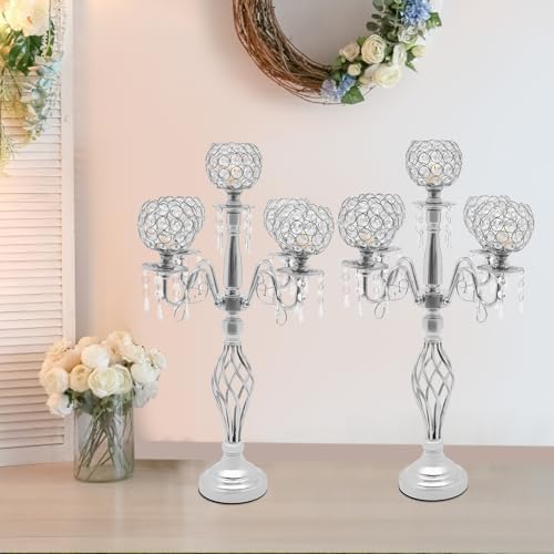 DYNAMI 2Pcs Crystal Candelabra Centerpieces Silver