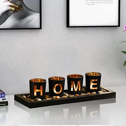 MrMrKura Decorative Candle Holder Set with Wood Tray and Stones