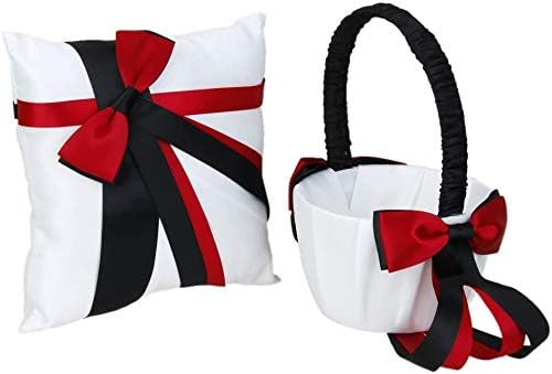 Taotenish Wedding Ring Pillow and Flower Girl Basket Set - White and Black