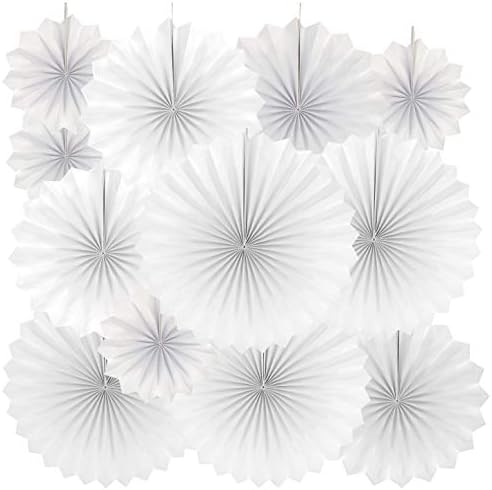 White Party Hanging Paper Fans Decor 12pc