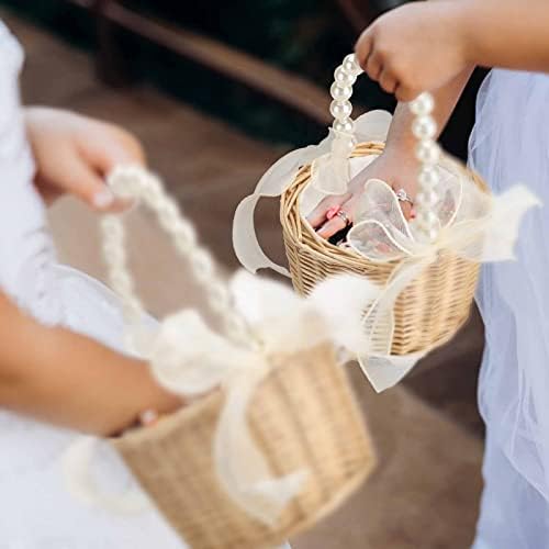 2PCS Wicker Rattan Flower Girl Basket with Pearl Handle