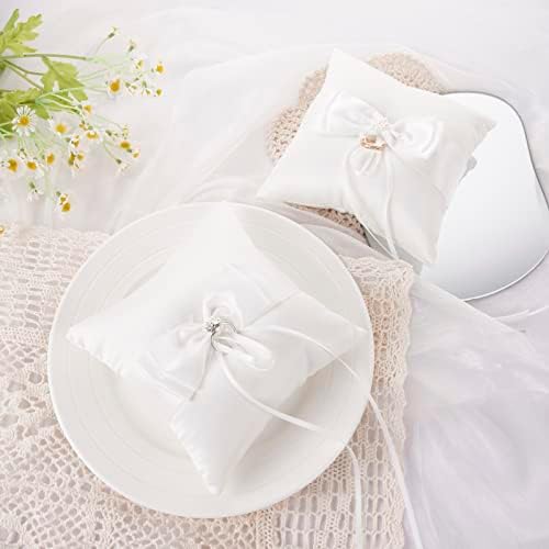 QIRMIZI Wedding Ring Pillow and Flower Girl Basket Set - Butterfly Knot White Satin