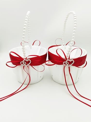 2 Pcs Wedding Flower Girl Baskets with Pearl Handle Red