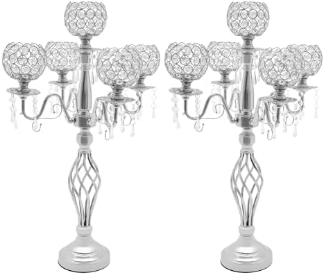 DYNAMI 2Pcs Crystal Candelabra Centerpieces Silver