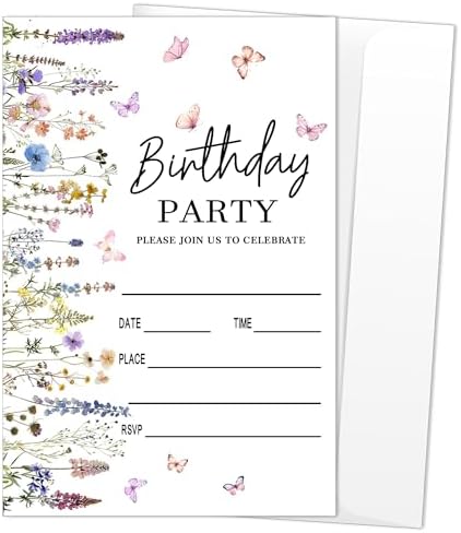 Floral Birthday Invitations 20 Pack with Envelopes