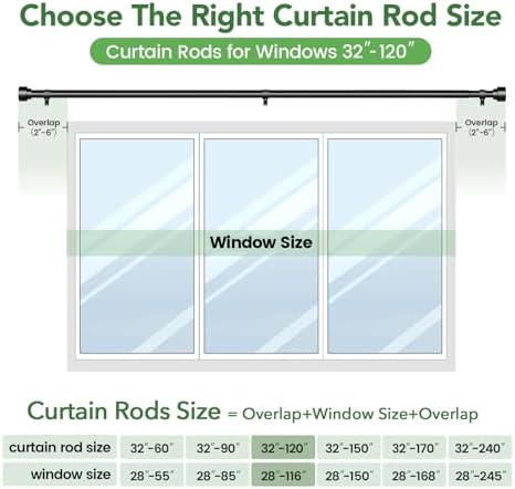 Adjustable Black Curtain Rod for 32-120 Windows