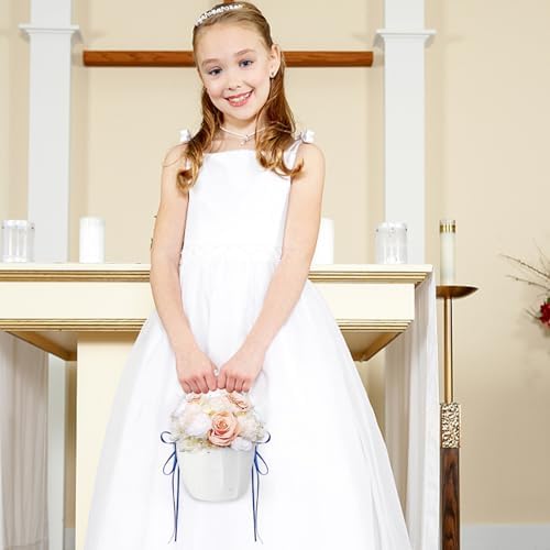 2 Pcs Wedding Flower Girl Baskets with Pearl Handle Bowknot