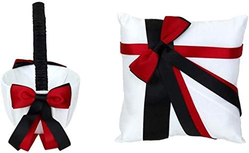 Taotenish Wedding Ring Pillow and Flower Girl Basket Set - White and Black