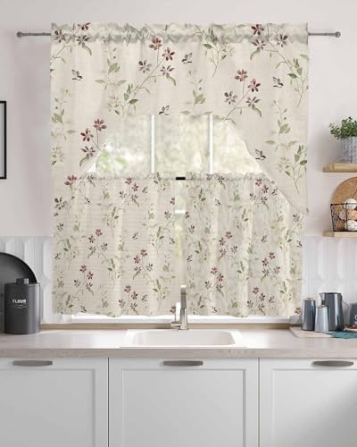 Flower Leaves Kitchen Curtain Set with Swag and Valance