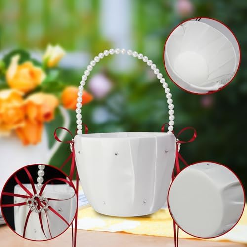 2 Pcs Wedding Flower Girl Baskets with Heart Design and Pearl Handle Bowknot