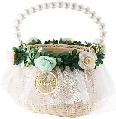Personalized Wedding Flower Girl Basket with Pearl Handle