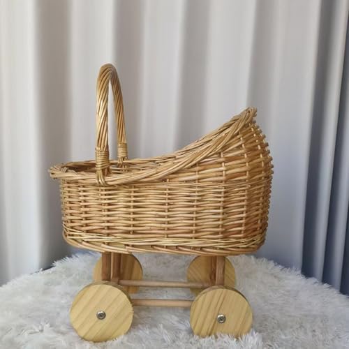 Woven Rattan Stroller Flower Basket with Handle