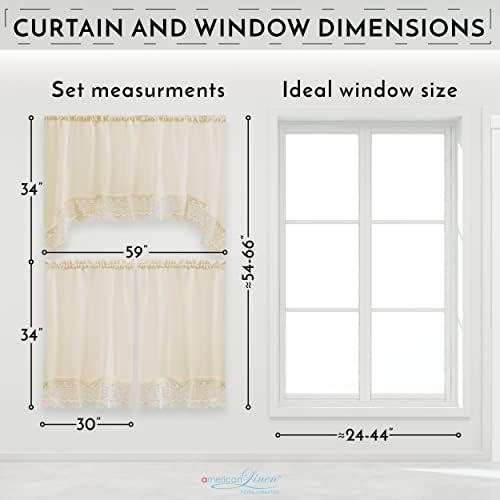 American Linen Caf Curtains with Valance and Lace Border Beige