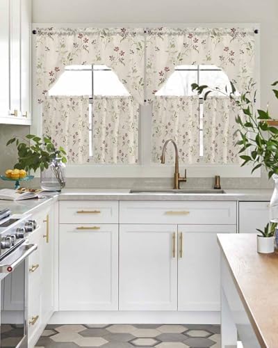 Flower Leaves Kitchen Curtain Set with Swag and Valance