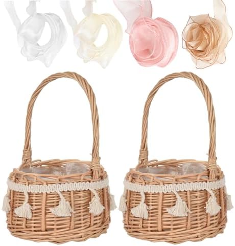 2 Pack Rattan Woven Floral Baskets with Handle and Lace
