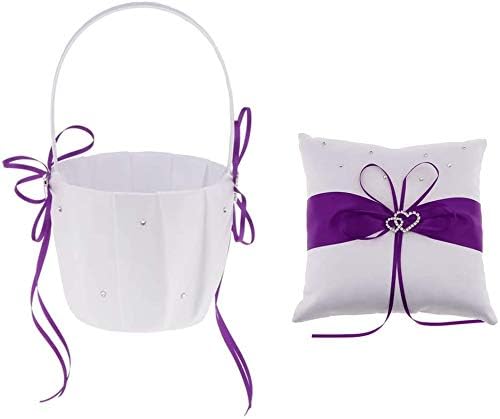 FRECI Purple Flower Girl Basket and Ring Pillow Set