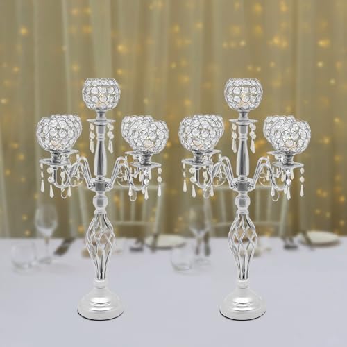 DYNAMI 2Pcs Crystal Candelabra Centerpieces Silver