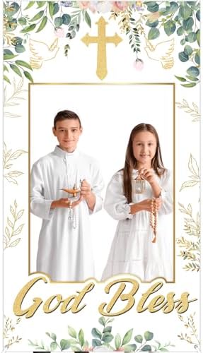 God Bless Baptism Photo Booth Backdrop Greenery Eucalyptus 3x6ft