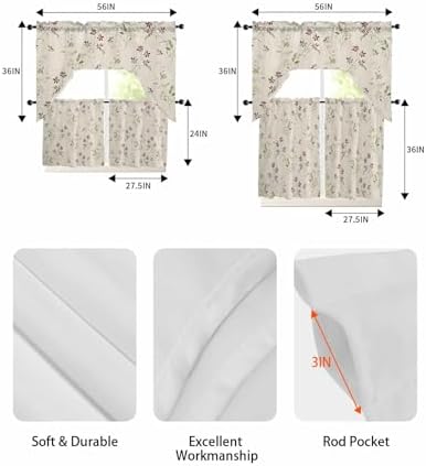 Flower Leaves Kitchen Curtain Set with Swag and Valance