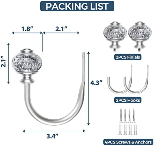 2 Pack Silver Curtain Holdbacks with Crystal Finials