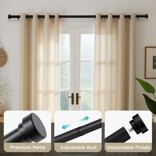 Joydeco Black Curtain Rods for Windows - Adjustable 120 Inch Single Rod Set