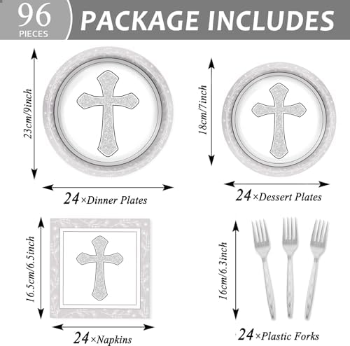96Pcs Gray Cross Baptism Tableware Set for 24 Guests