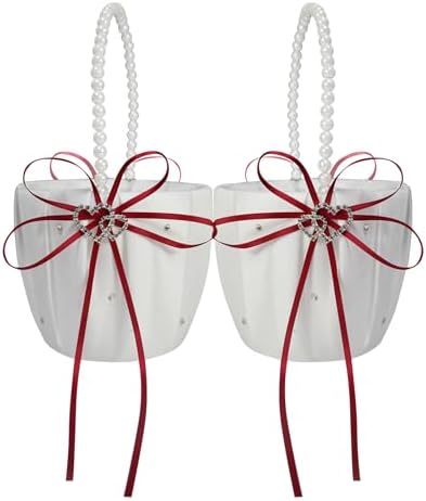2 Pcs Wedding Flower Girl Baskets with Heart Design and Pearl Handle Bowknot