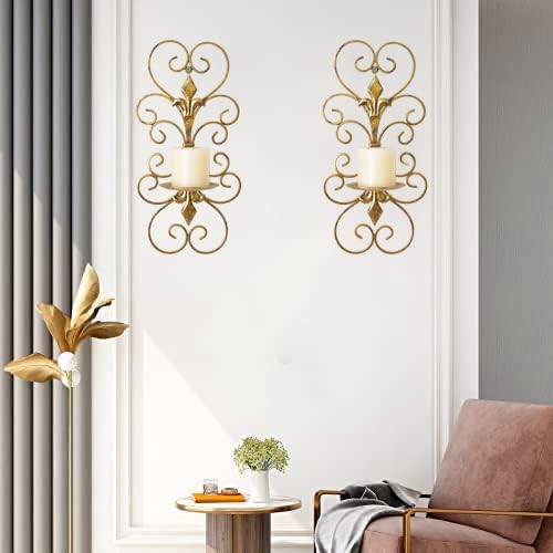 Set of 2 Antique Gold Wall Sconces Candle Holders