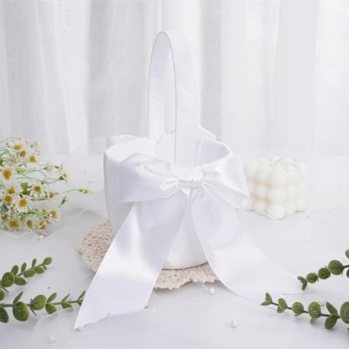 QIRMIZI Wedding Ring Pillow and Flower Girl Basket Set - Butterfly Knot White Satin